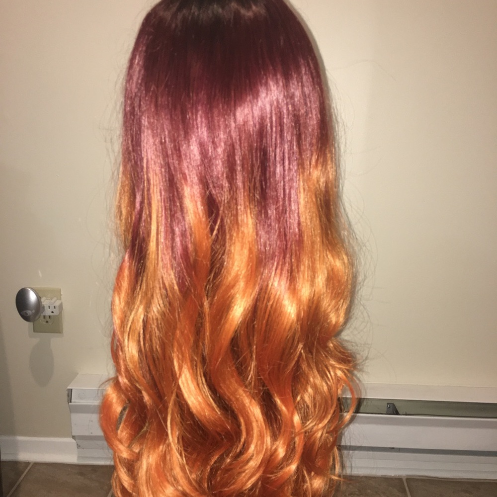Futura synthetic middle part lace front wig dark rooted Ombre burgundy to Orange